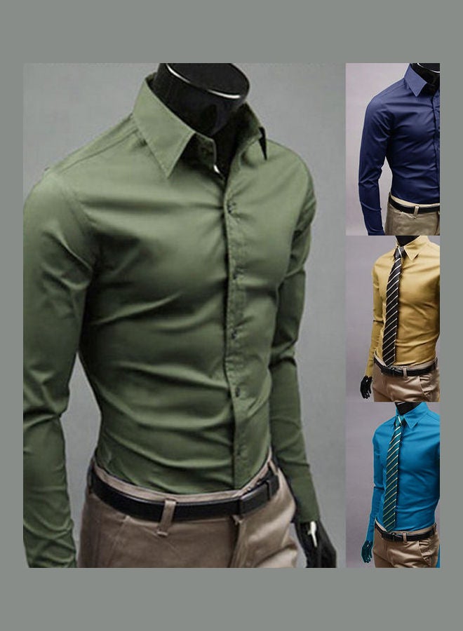 Fashion Men Solid Colour Slim Fit Long Sleeve Button Turn Down Collar Shirt Top Army Green  - Image 2