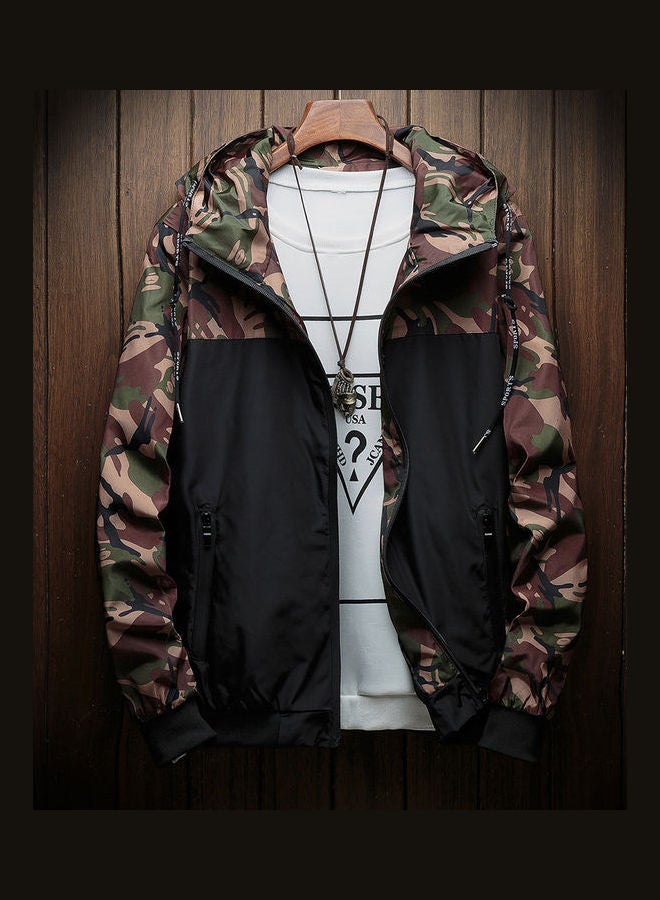 Men Camouflage Print Patchwork Bomber Jacket Casual Hooded Zipper Pocket Coat Dark Gray  - Image 5