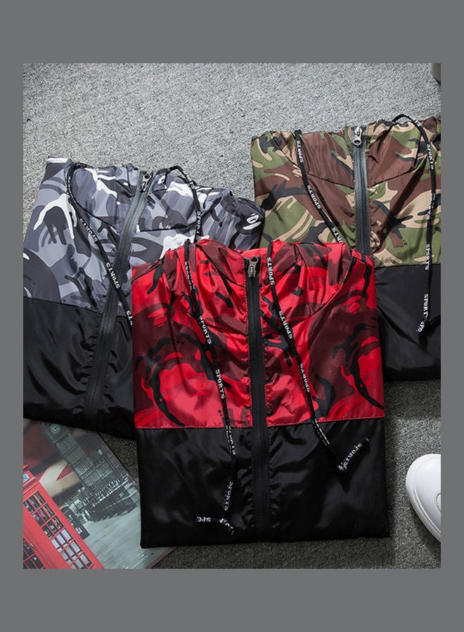 Men Camouflage Print Patchwork Bomber Jacket Casual Hooded Zipper Pocket Coat Dark Gray  - Image 4