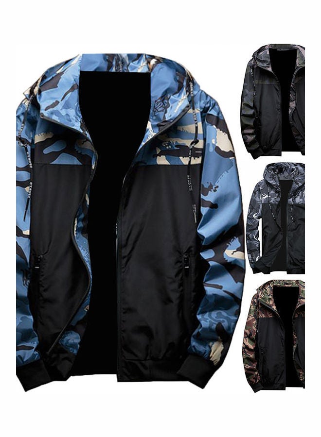 Men Camouflage Print Patchwork Bomber Jacket Casual Hooded Zipper Pocket Coat Dark Gray  - Image 3