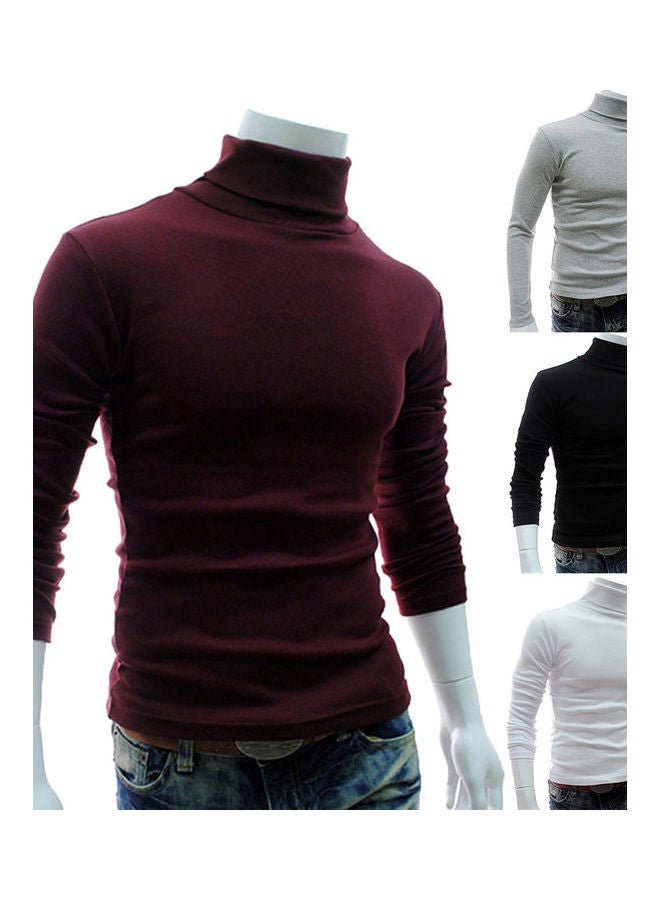 Men Fashion Solid Colour Long Sleeve Turtleneck Sweater Slim Fit Knitted Pullover Wine Red  - Image 2