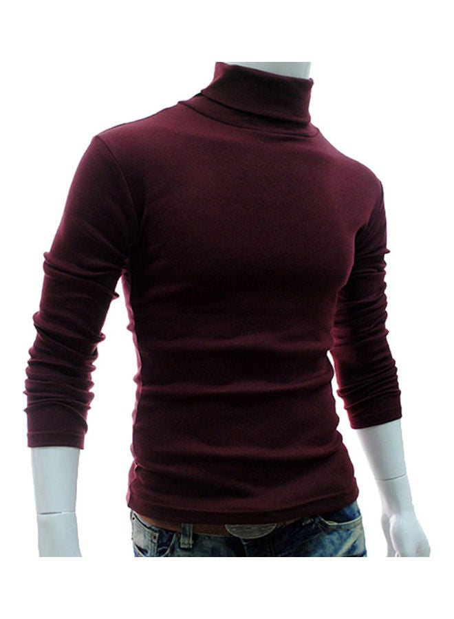 Men Fashion Solid Colour Long Sleeve Turtleneck Sweater Slim Fit Knitted Pullover Wine Red  - Image 1