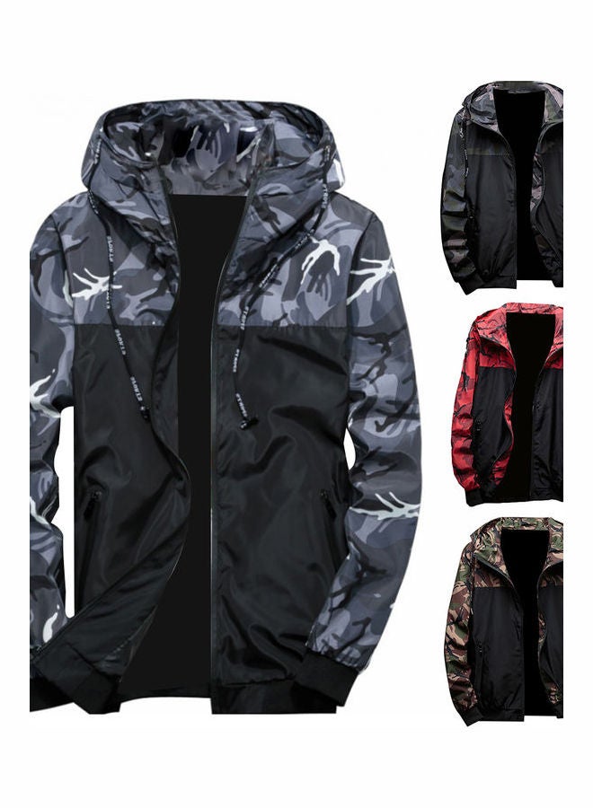 Men Camouflage Print Patchwork Bomber Jacket Casual Hooded Zipper Pocket Coat Dark Gray  - Image 2