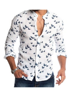 Generic Spring Autumn Casual Men Pigeon Print Buttons Long Sleeve Shirt Linen Slim Top White  - Image 1