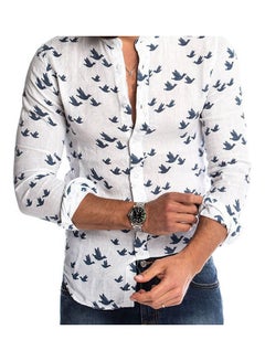 Generic Spring Autumn Casual Men Pigeon Print Buttons Long Sleeve Shirt Linen Slim Top White  - Image 4