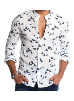 Generic Spring Autumn Casual Men Pigeon Print Buttons Long Sleeve Shirt Linen Slim Top White  - Image 3