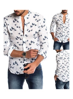 Generic Spring Autumn Casual Men Pigeon Print Buttons Long Sleeve Shirt Linen Slim Top White  - Image 2