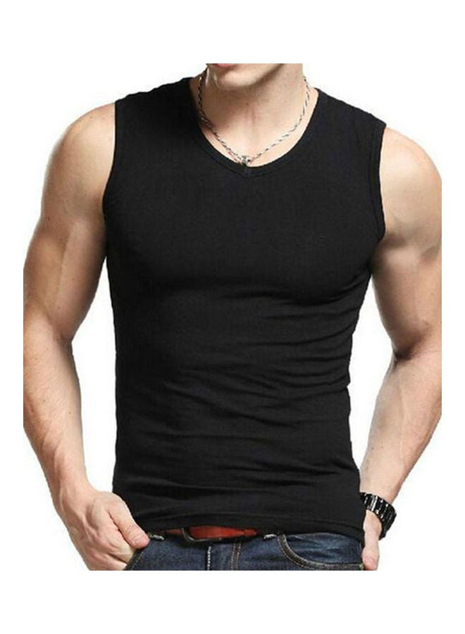 Solid Colour Sleeveless Round Neck Slim Fit Vest Black - Image 1