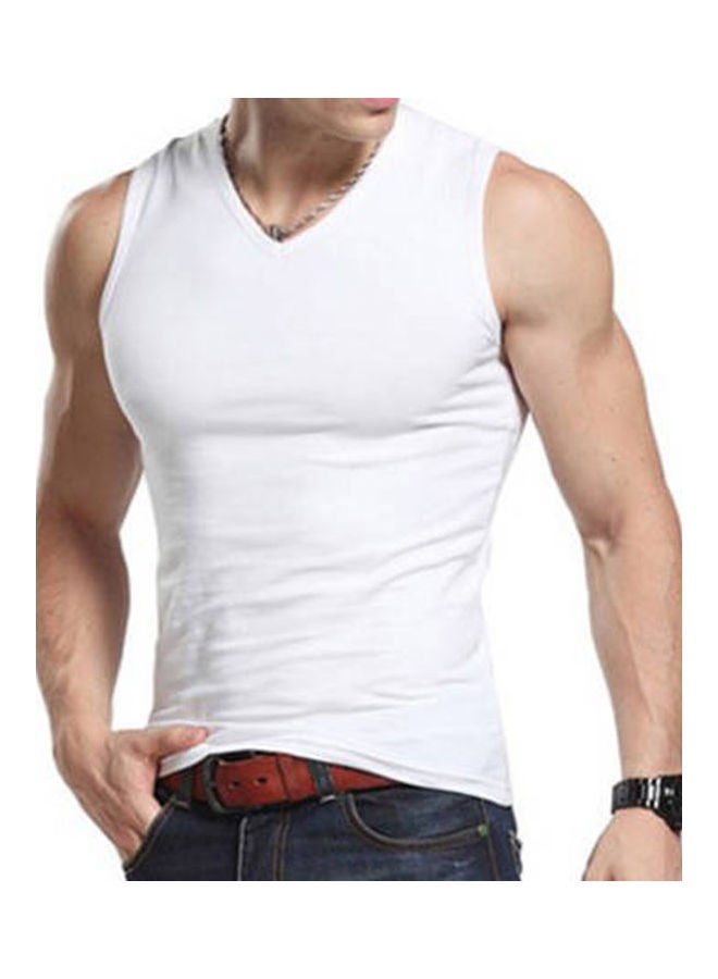 Men Solid Colour Sleeveless Round Neck Vest Slim Fit Fitness Tank Top Undershirt White  - Image 1