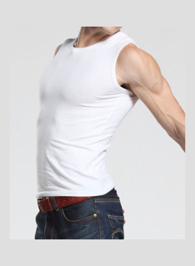 Men Solid Colour Sleeveless Round Neck Vest Slim Fit Fitness Tank Top Undershirt White  - Image 4