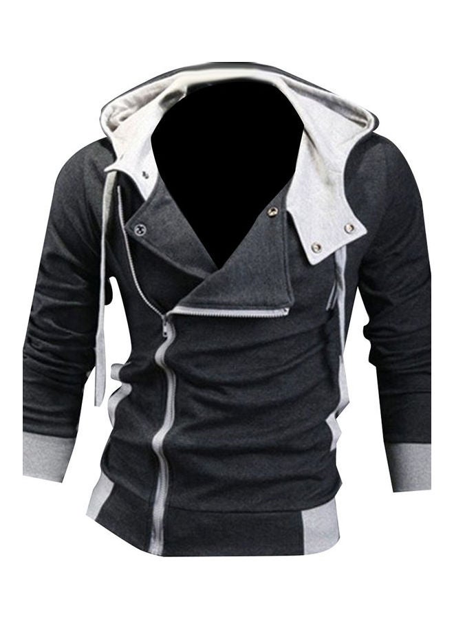 Men Side Zipper Slim Fit Drawstring Long Sleeve Sweatshirt Hooded Jacket Coat Dark Gray - Image 1