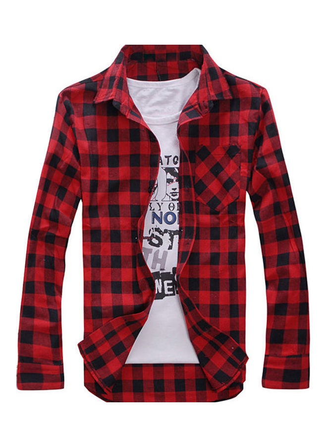 Men Casual Slim Fit Plaid Print Button Long Sleeve Turn Down Collar Shirt Top Red and Black