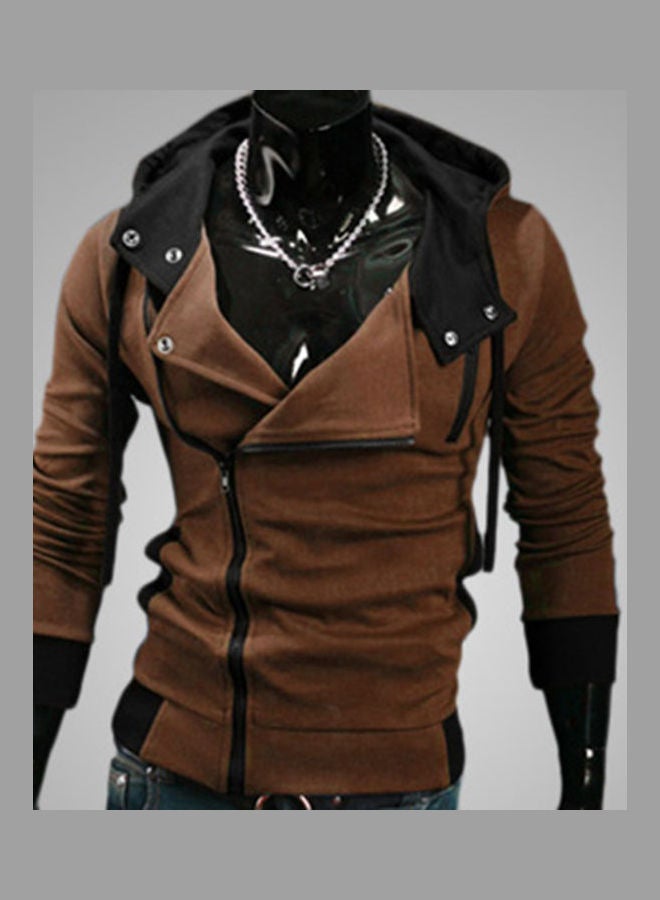 Men Side Zipper Slim Fit Drawstring Long Sleeve Sweatshirt Hooded Jacket Coat Coffee  - Image 2