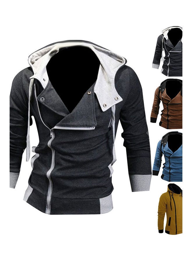Men Side Zipper Slim Fit Drawstring Long Sleeve Sweatshirt Hooded Jacket Coat Dark Gray - Image 2