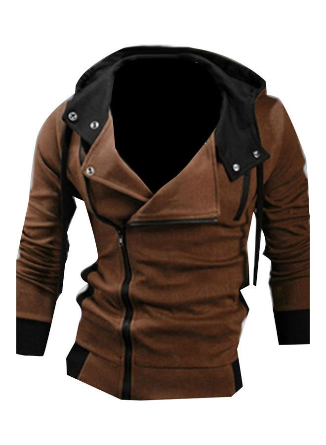 Men Side Zipper Slim Fit Drawstring Long Sleeve Sweatshirt Hooded Jacket Coat Coffee  - Image 1