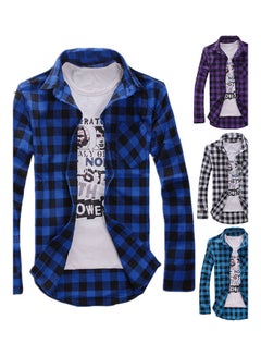 Generic Men Casual Slim Fit Plaid Print Button Long Sleeve Turn Down Collar Shirt Top Blue and Black  - Image 2