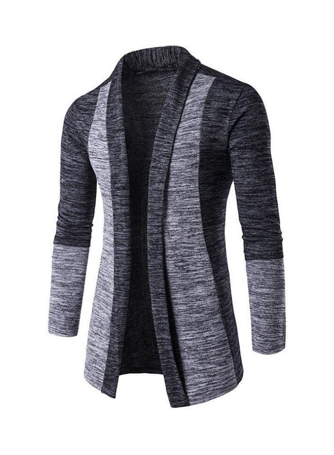 معطف رجالي كلاسيكي محاك بقصة ضيقة وأكمام طويلة ومميز بنمط كتل ألوان ورقع قماشية رمادي داكن وفضي - Image 1