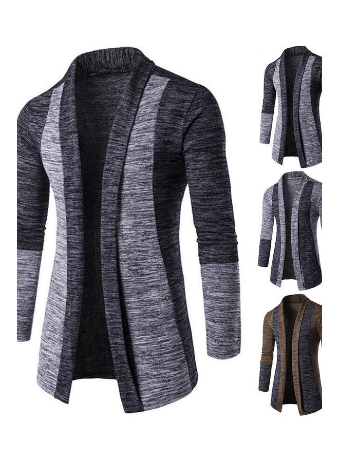 معطف رجالي كلاسيكي محاك بقصة ضيقة وأكمام طويلة ومميز بنمط كتل ألوان ورقع قماشية رمادي داكن وفضي - Image 3