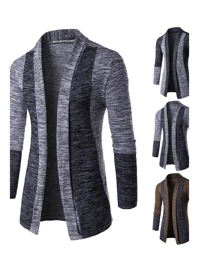 معطف رجالي كلاسيكي محاك بقصة ضيقة وأكمام طويلة ومميز بنمط كتل ألوان ورقع قماشية رمادي داكن وفضي - Image 2