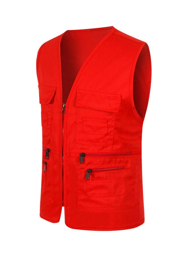 Multi-Pocket Solid Colour Waistcoat Red
