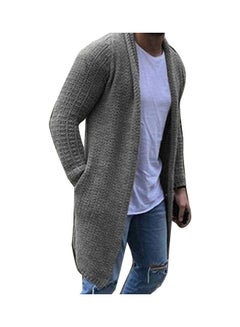 Fashion Men Solid Colour Open Front Knit Sweater Coat Loose Pocket Long Cardigan Gray