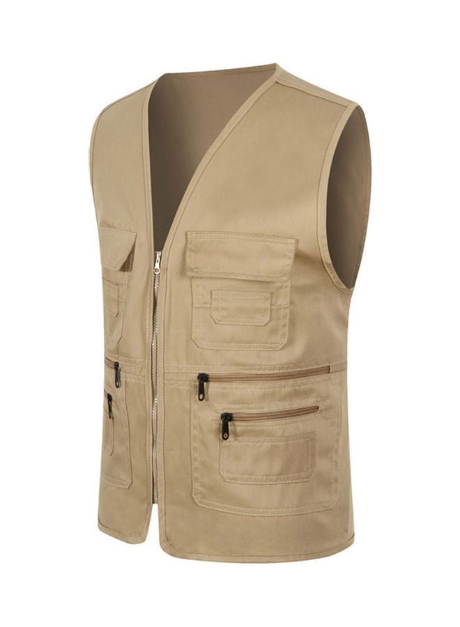 Generic - Multi-Pocket Solid Colour Waistcoat Khaki - Image 1