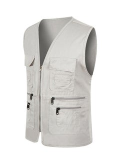 Unisex Multi-Pocket Solid Color Waistcoat Work Fishing Photography Vest Jacket Light Gray