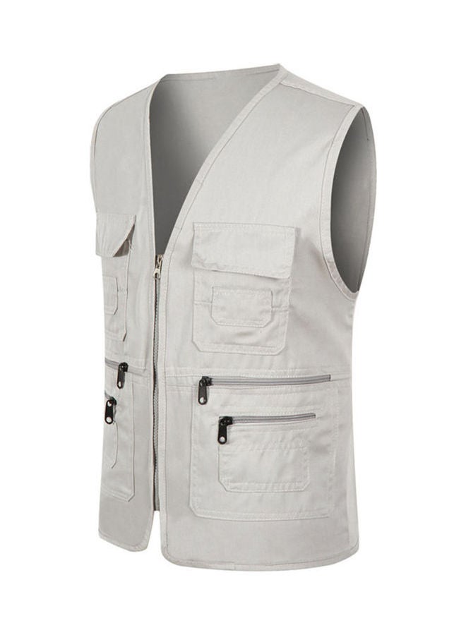 Generic - Unisex Multi-Pocket Solid Color Waistcoat Work Fishing Photography Vest Jacket Light Gray - Image 1