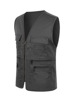 Unisex Multi-Pocket Solid Color Waistcoat Work Fishing Photography Vest Jacket Dark Gray