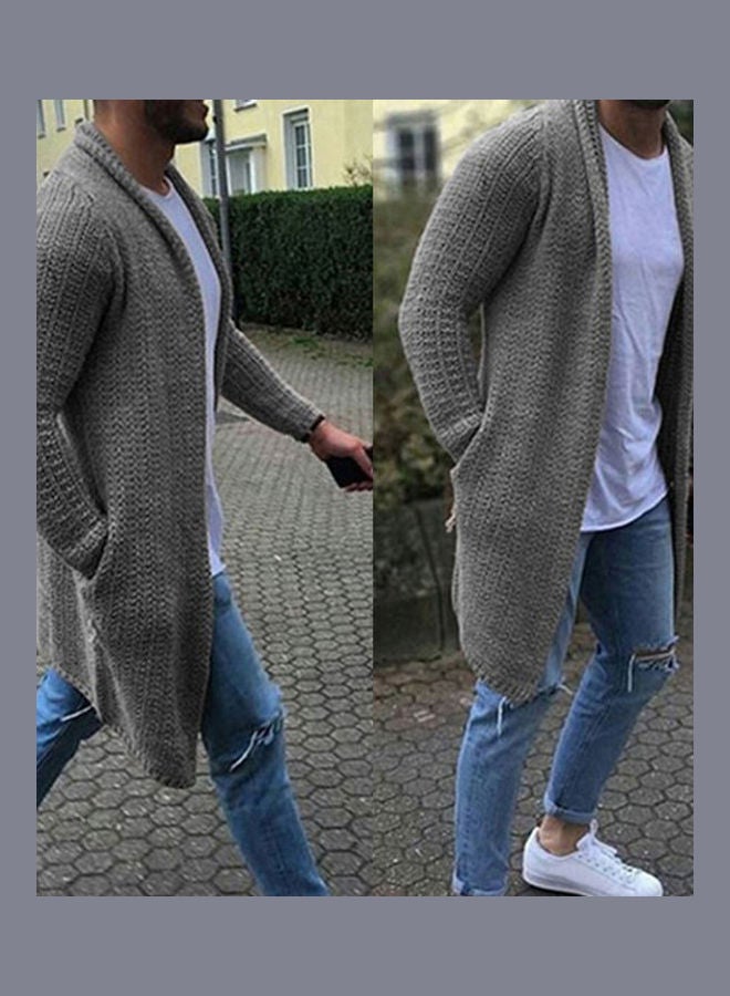 Generic - Fashion Men Solid Colour Open Front Knit Sweater Coat Loose Pocket Long Cardigan Gray - Image 1