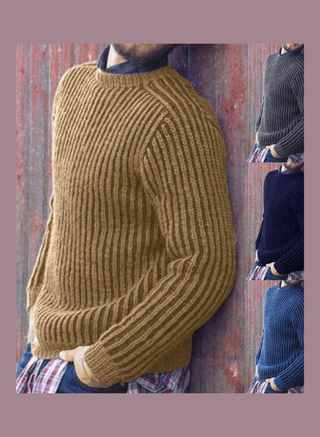 Generic Fashion Men Solid Colour O Neck Long Sleeve Causal Pullover Sweater Knitwear Khaki  - Image 2