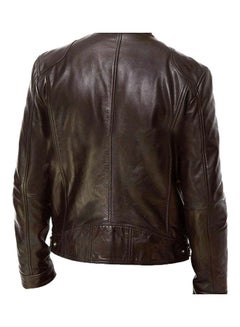 Generic Autumn Winter Men Stand Collar Zipper Faux Leather Motorcycle Jacket Brown  - Image 5