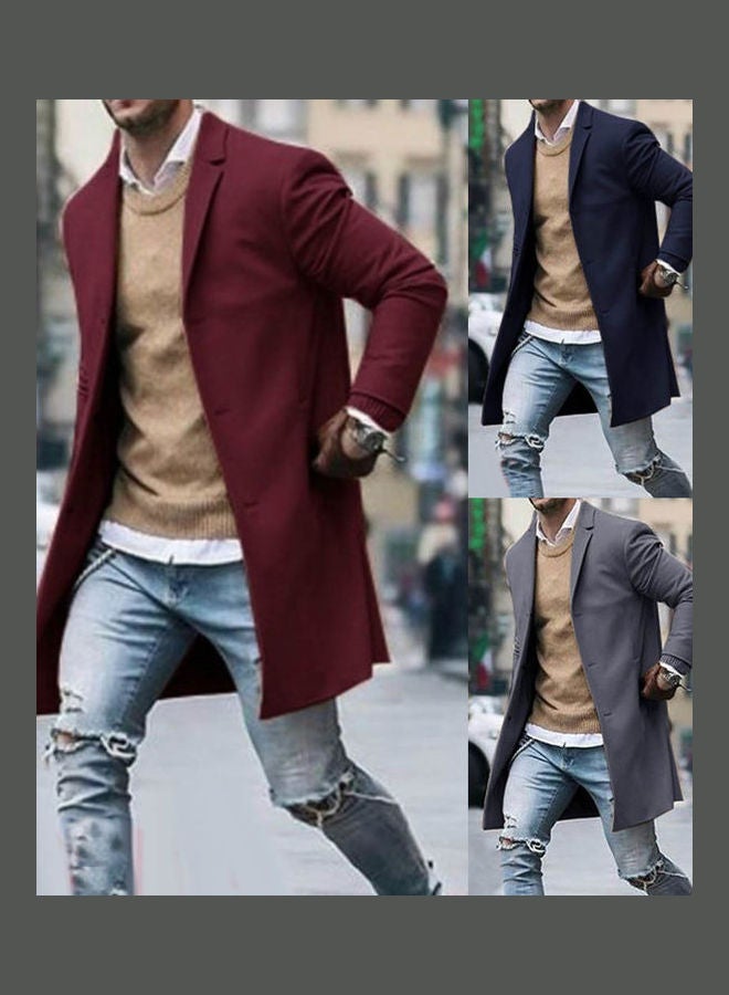Generic - Fashion Men Winter Solid Colour Trench Coat Outwear Overcoat Long Sleeve Jacket Wine Red - Image 1