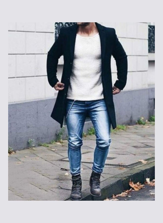Generic - Fashion Men Winter Solid Colour Trench Coat Outwear Overcoat Long Sleeve Jacket Navy Blue - Image 1