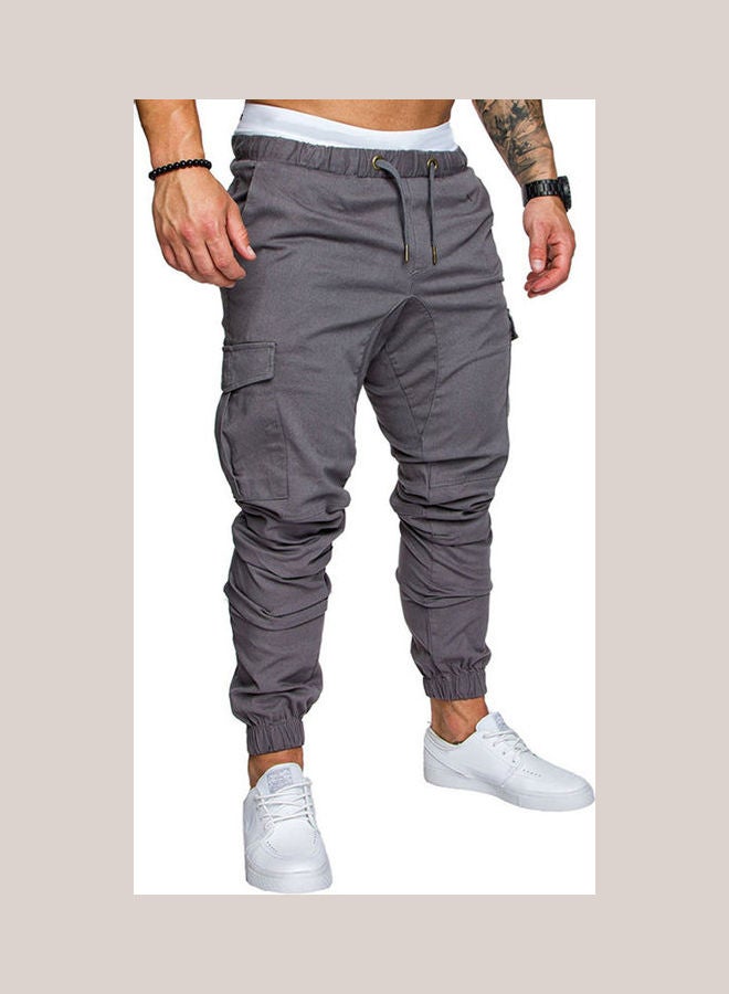 Men Elastic Casual Multi-Pocket Drawstring Sport Jogging Cargo Pants Trousers Gray 