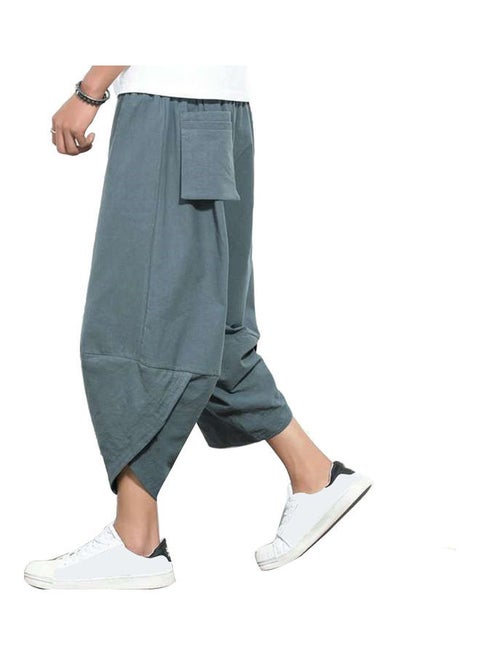 Plus Size Men Solid Colour Capri Pants Drawstring Oversize Samurai Trousers Gray