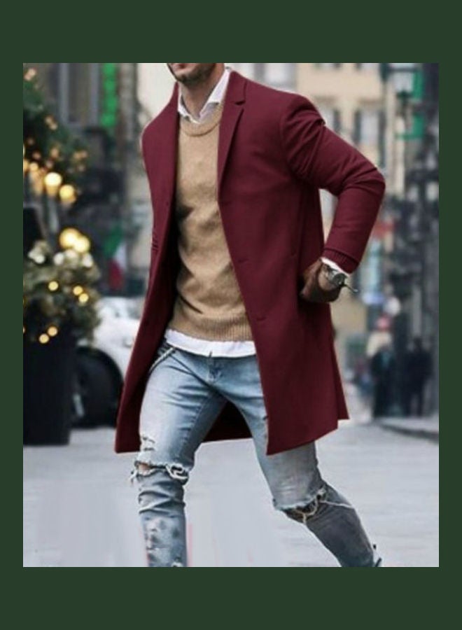 Generic - Fashion Men Winter Solid Colour Trench Coat Outwear Overcoat Long Sleeve Jacket Wine Red - Image 1