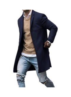 Fashion Men Winter Solid Colour Trench Coat Outwear Overcoat Long Sleeve Jacket Navy Blue