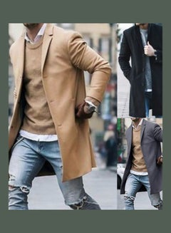 Fashion Men Winter Solid Colour Trench Coat Outwear Overcoat Long Sleeve Jacket Khaki