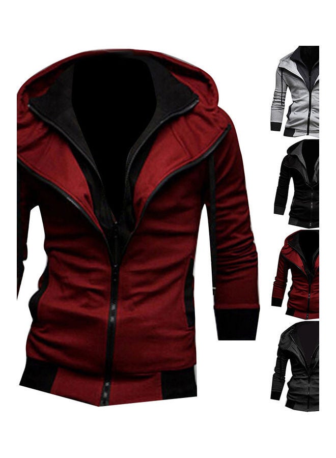 Plus Size Men Colour Block Long Sleeve Slim Fit Hooded Zipper Jacket Coat Outwear Red - Image 2