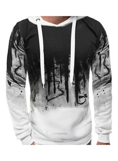 Men Floral Print Slim Fit Long Sleeve Drawstring Pocket Hooded Sweatshirt Hoodie White and Black