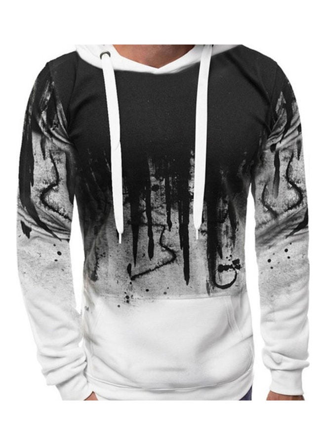 Generic - Men Floral Print Slim Fit Long Sleeve Drawstring Pocket Hooded Sweatshirt Hoodie White and Black - Image 1