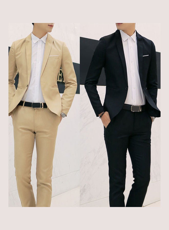 2pcs Office Business Men Solid Colour Lapel Long Sleeve Slim Blazer Pants Suit Black  - Image 2