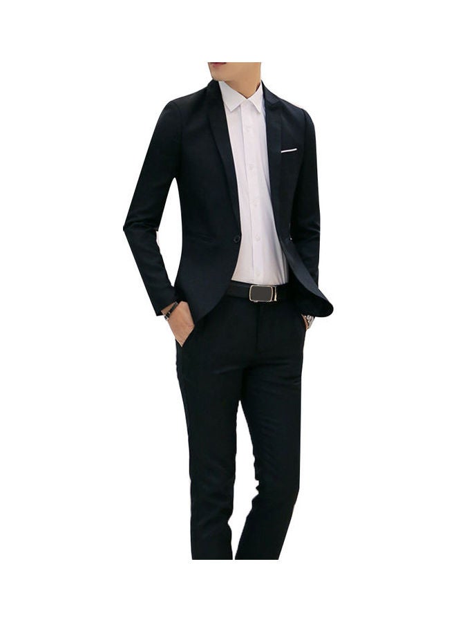 2pcs Office Business Men Solid Colour Lapel Long Sleeve Slim Blazer Pants Suit Black  - Image 1