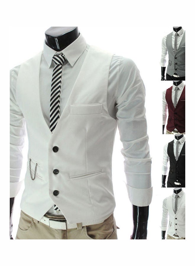 Generic - Fashion Men Solid Colour V Neck Sleeveless Button Pocket Blazer Suit Waistcoat White - Image 1