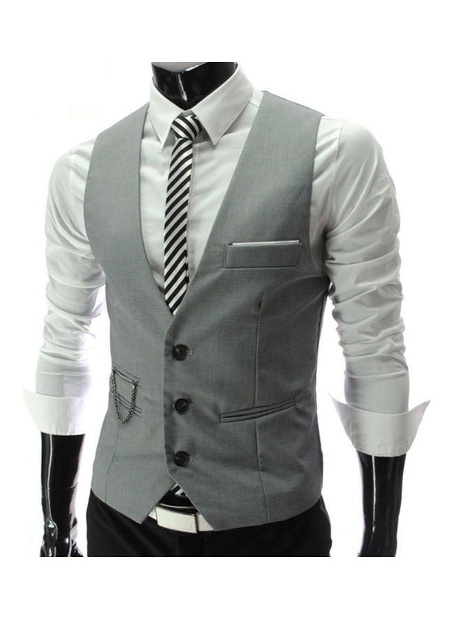 سترة عصرية للرجال بلون سادة وفتحة رقبة على شكل حرف V وبدون أكمام وأزرار رمادي فاتح - Image 3