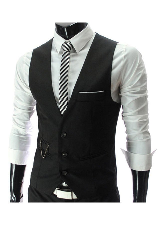 سترة عصرية للرجال بلون سادة وفتحة رقبة على شكل حرف V وبدون أكمام وأزرار أسود - Image 3