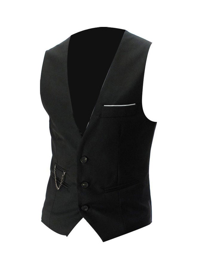 سترة عصرية للرجال بلون سادة وفتحة رقبة على شكل حرف V وبدون أكمام وأزرار أسود - Image 1