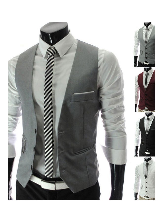 سترة عصرية للرجال بلون سادة وفتحة رقبة على شكل حرف V وبدون أكمام وأزرار رمادي فاتح - Image 2