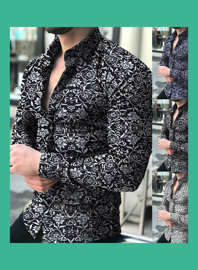 Fashion Men Floral Print Slim Fit Long Sleeve Button Turn Down Collar Shirt Top Black  - Image 2
